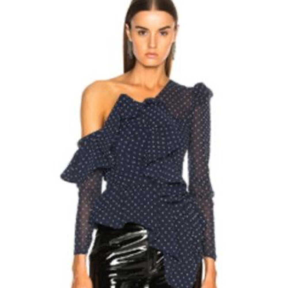Self-Portrait Asymmetric Polka Dot Frill Top One Shoulder Size 6 Puff Sleeve